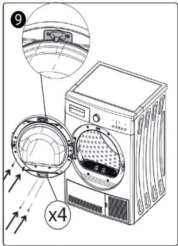 Diagram of a washing machine with labeled parts and directional arrows indicating airflow or component movement.