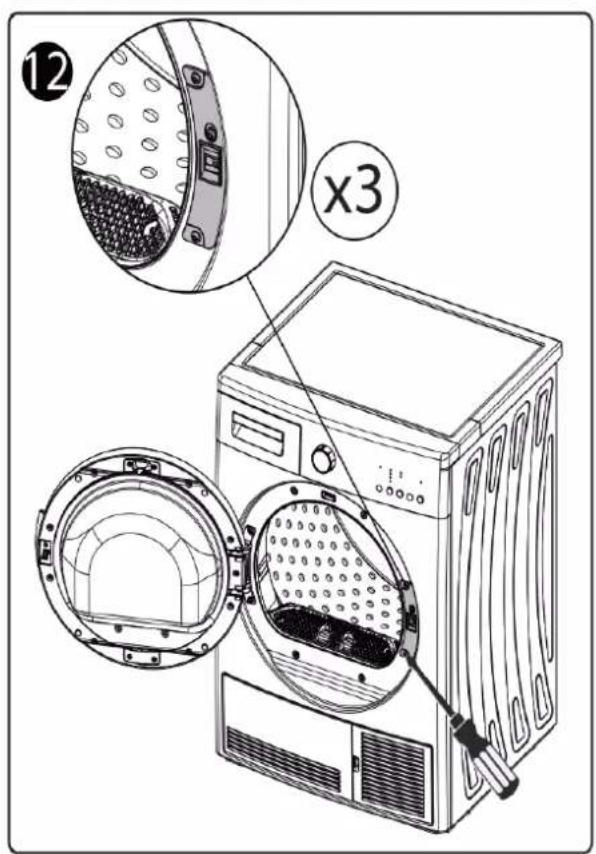 Diagram of a washing machine with labeled parts and cross-section view, showing internal components and assembly steps.