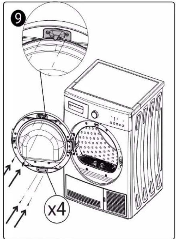 Diagram of a washing machine with labeled parts and directional arrows indicating assembly or installation steps