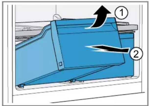 Diagram of a blue industrial machine component with numbered parts and directional arrows indicating flow or movement.