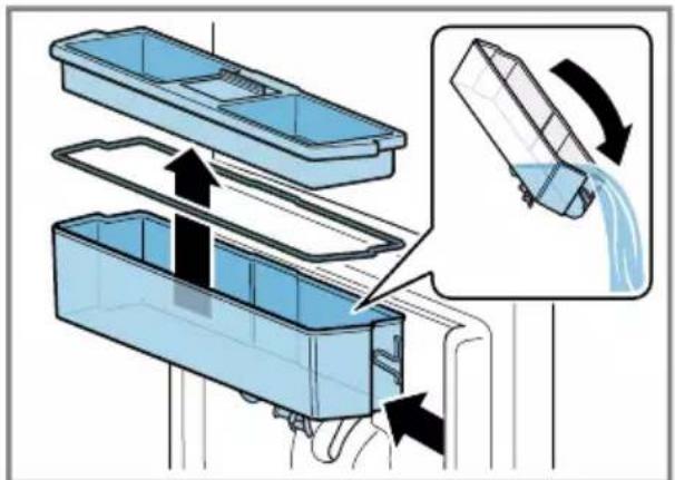 Diagram illustrating a mechanical device with labeled components and flow direction, including a magnified inset showing fluid flow.
