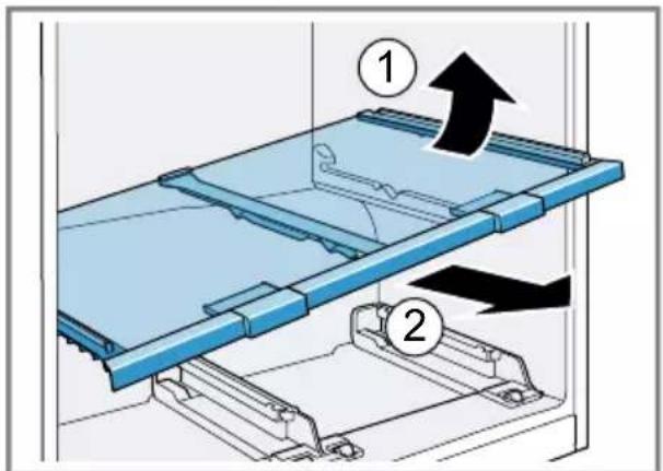 Diagram showing a mechanical assembly with labeled parts and directional arrows indicating motion or force