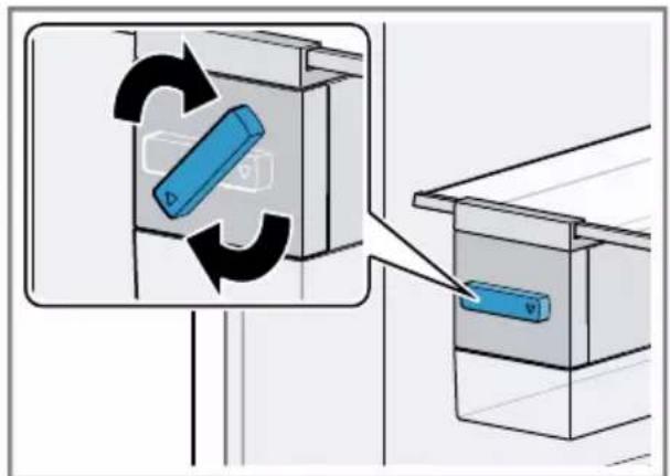 Diagram showing a blue battery inside a box with circular arrows indicating rotation, and a magnified view of the battery being inserted.