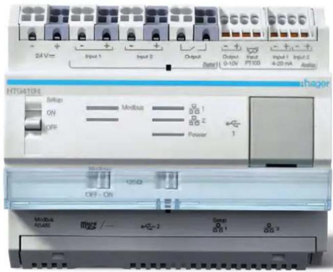 24V Input 1 Input 2 Output Output 0-10V Input PT100 Input 1 4-20mA Input 2 Analog HTS410H Setup ON OFF Modbus 1 Power 1 Modbus 125Ω OFF - ON Modbus R04M Myos /- Temp 30° 30° Temp 30°