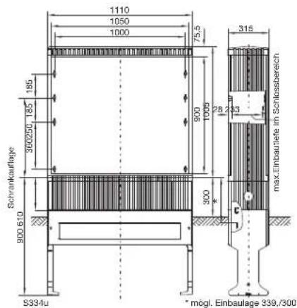 1110 1050 1000 75.5 315 Schrankauflage 360250 185 900 610 900 1000 25 243 300 max Einbauflate im Schlossbereich S334u * mögl. Einbauflage 339, /300