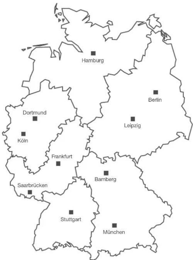 Hamburg Berlin Dortmund Köln Leipzig Frankfurt Bamberg Saarbrücken Stuttgart München