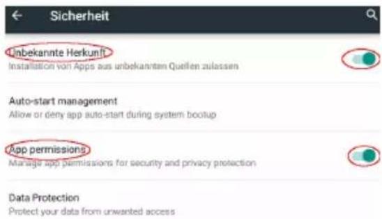 Sicherheit Unbekannte Herkunft Installation von Apps aus unbekannten Quellen zulassen Auto-start management Allow or deny app auto-start during system bootup App permissions Manage app permissions for security and privacy protection Data Protection Protect your data from unwanted access