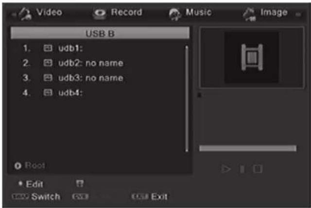 USB B 1. udb1: 2. udb2: no name 3. udb3: no name 4. udb4: Root Edit Switch Exit