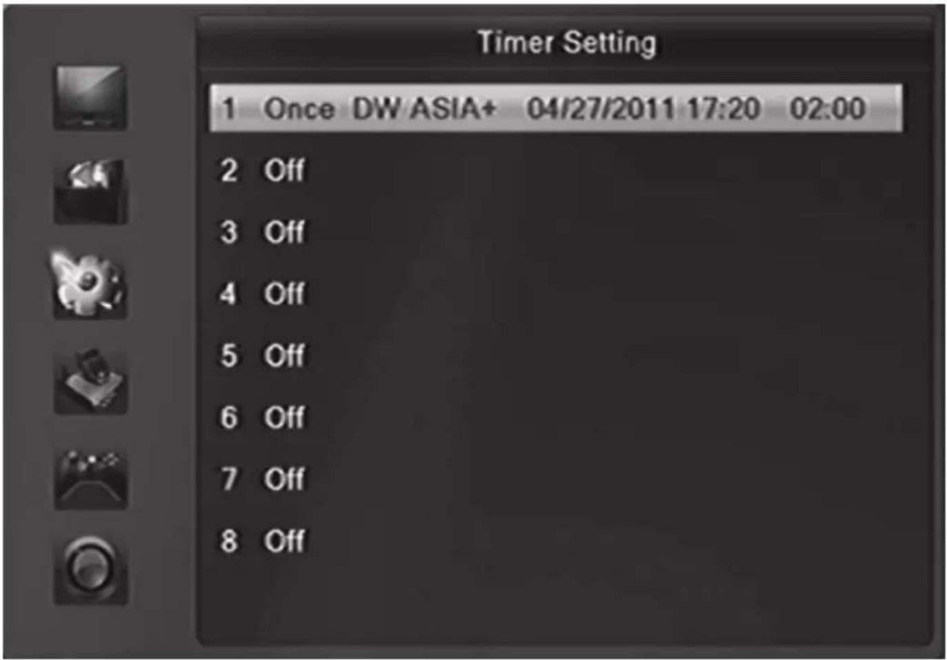 Timer Setting 1 Once DW/ASIA+ 04/27/2011 17:20 02:00 2 Off 3 Off 4 Off 5 Off 6 Off 7 Off 8 Off