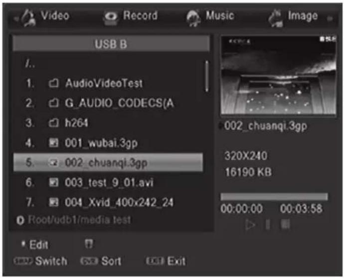 USB B 1. AudioVideoTest 2. G_AUDIO_CODECS(A 3. h264 4. 001_wubai.3gp 5. 002_chuanqi.3gp 6. 003_test_9_01.avi 7. 004_Xvid_400x242_24 Root/udb1/media test Edit Switch Sort Exit Music Image 002_chuanqi.3gp 320X240 16190 KB 00:00:00 00:03:58