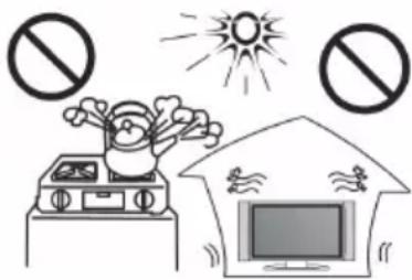 Safety warning illustration showing no protection symbols for a fire and household appliances