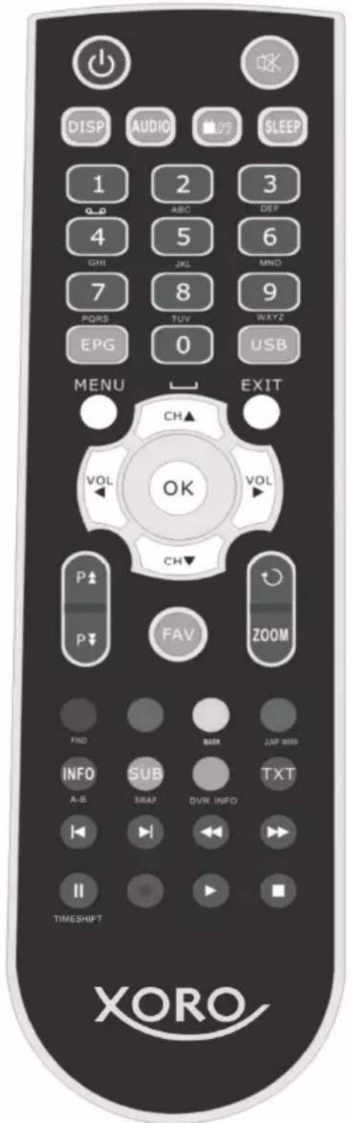 DISP AUDIO SLEEP 1 2 3 0-0 ABC DEF 4 5 6 GHI JKL MNO 7 8 9 PQRS TUV WXYZ EPG 0 USB MENU EXIT CH▲ VOL VOL OK P↑ P▼ FAV ZOOM FIND MARK ZOP BASK INFO SUB TXT A-B SWAP DVR INFO TIMESHIFT