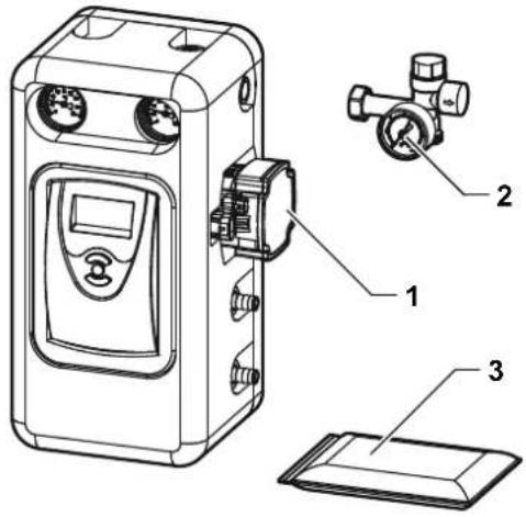 Technical diagram of a device with labeled parts including a digital display, valve, and base plate