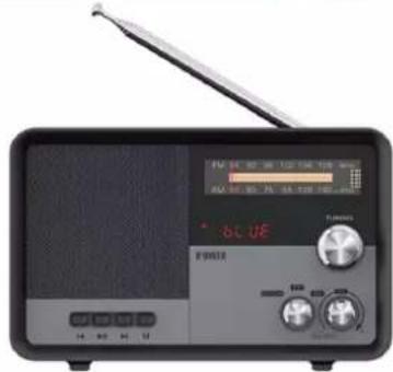 Black radio device with visible digital display and control knobs, including 'BLUE' and 'POTATO' labels