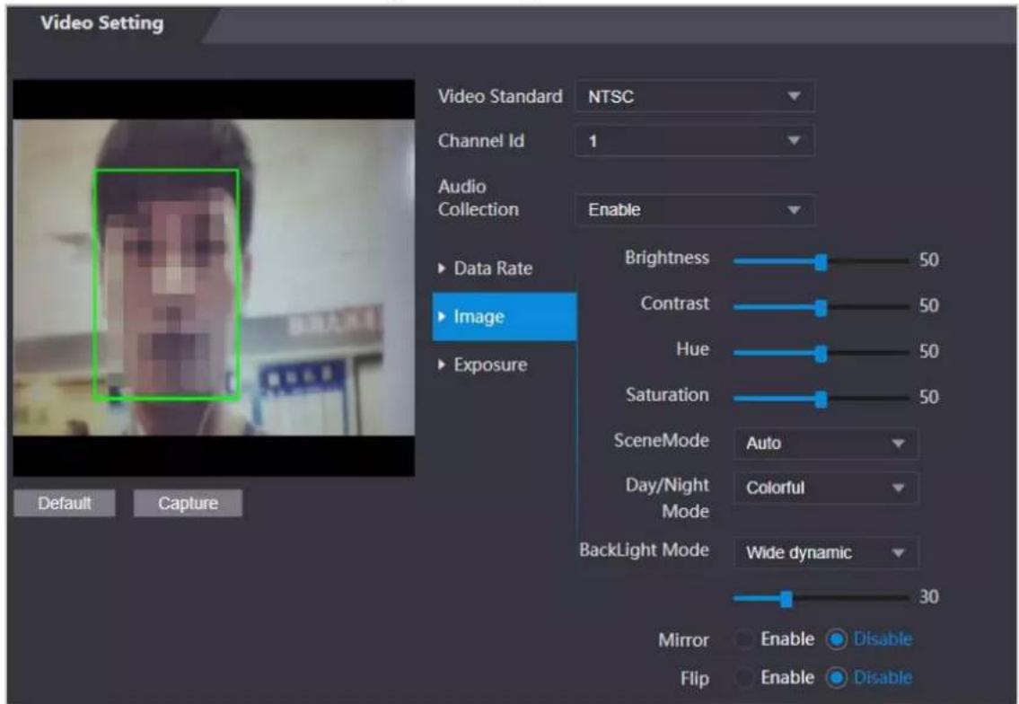 Video Setting Video Standard NTSC Channel Id 1 Audio Collection Enable Data Rate Image Exposure Brightness 50 Contrast 50 Hue 50 Saturation 50 SceneMode Auto Day/Night Colorful Mode BackLight Mode Wide dynamic 30 Mirror Enable Disable Flip Enable Disable Default Capture