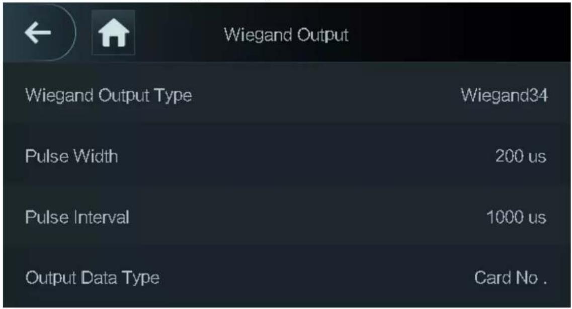 Wiegand Output Wiegand Output Type Wiegand34 Pulse Width 200 us Pulse Interval 1000 us Output Data Type Card No.