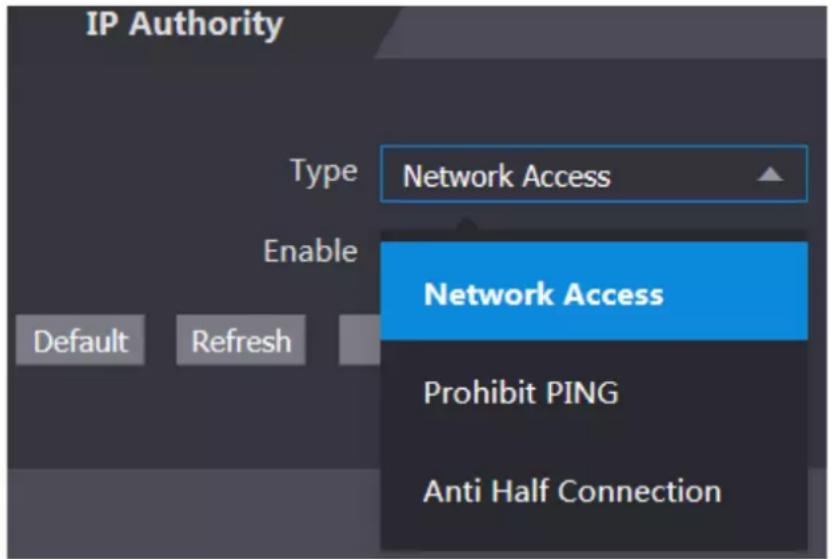 IP Authority Type Network Access Enable Default Refresh Network Access Prohibit PING Anti Half Connection