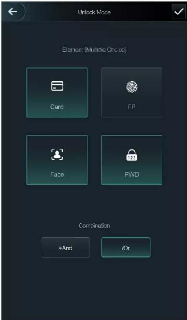 Unlock Mode Element (Multiple Choice) Card FP Face 123 PWD Combination +And /Or