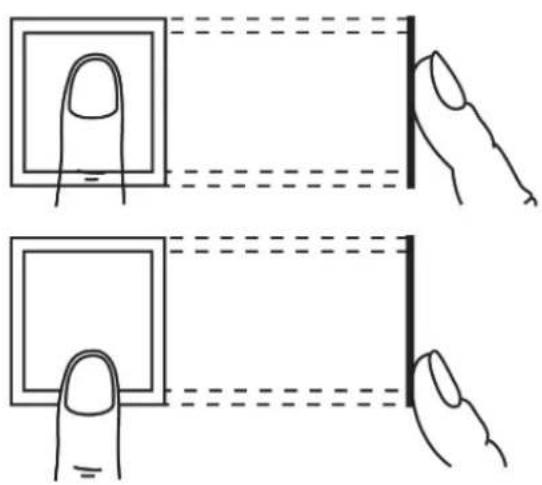 Diagram illustrating finger positioning and alignment of a rectangular object, showing top-down and side views with dashed lines indicating measurement or alignment.