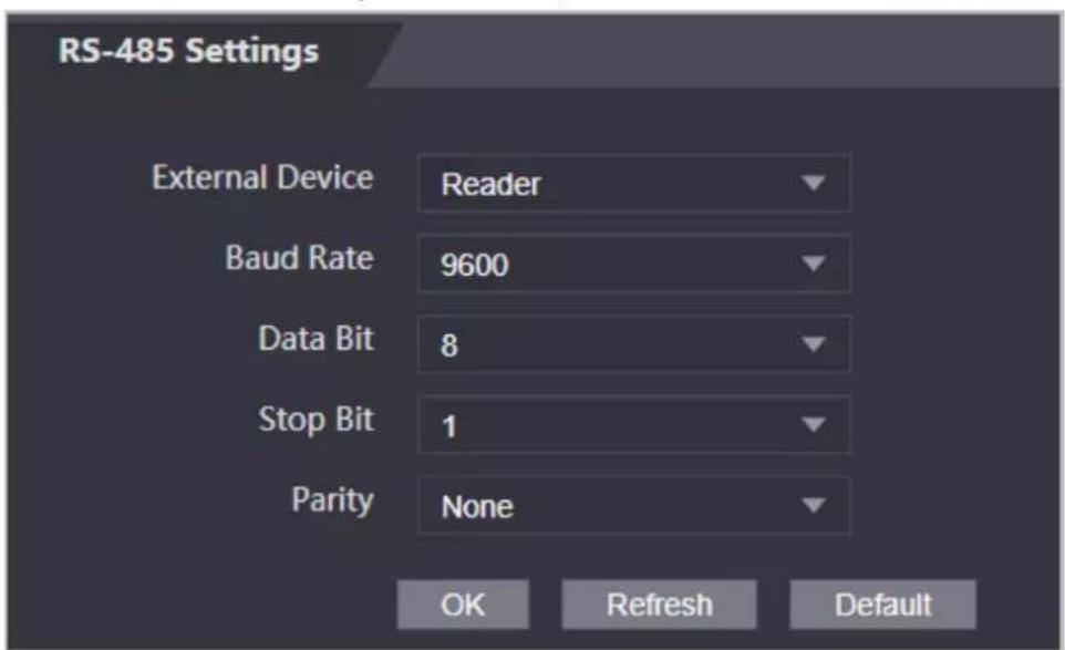 RS-485 Settings External Device Reader Baud Rate 9600 Data Bit 8 Stop Bit 1 Parity None OK Refresh Default