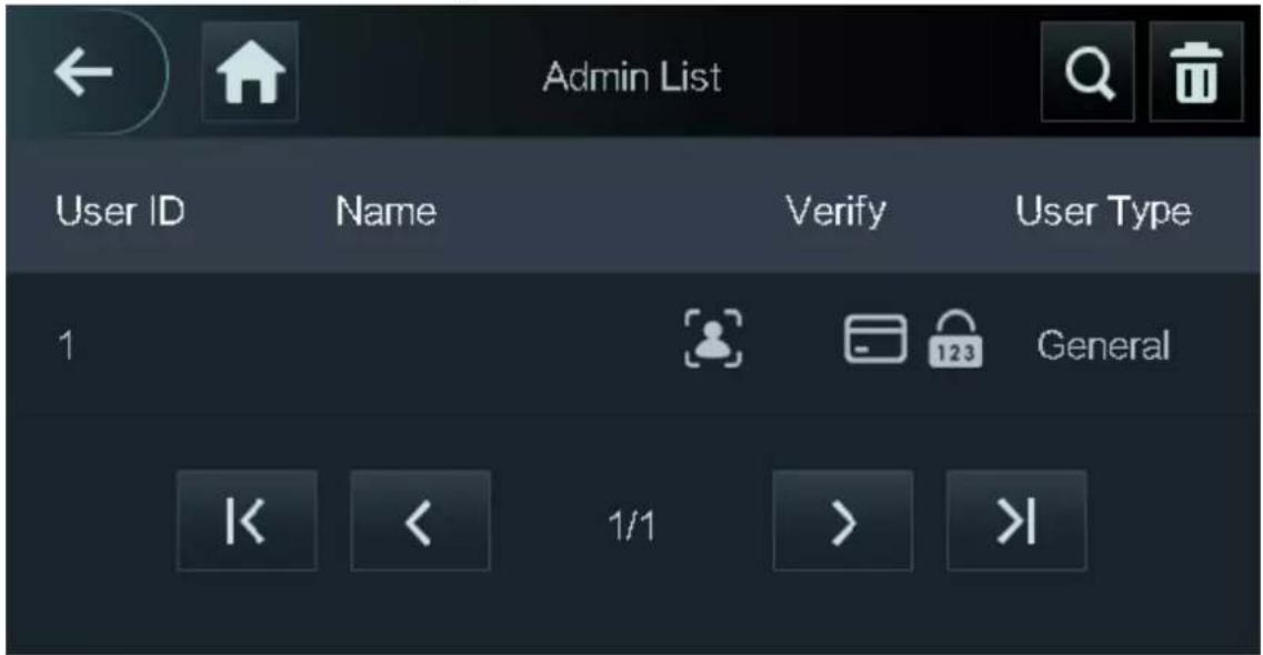 Admin List User ID Name Verify User Type 1 General K < 1/1 > >I