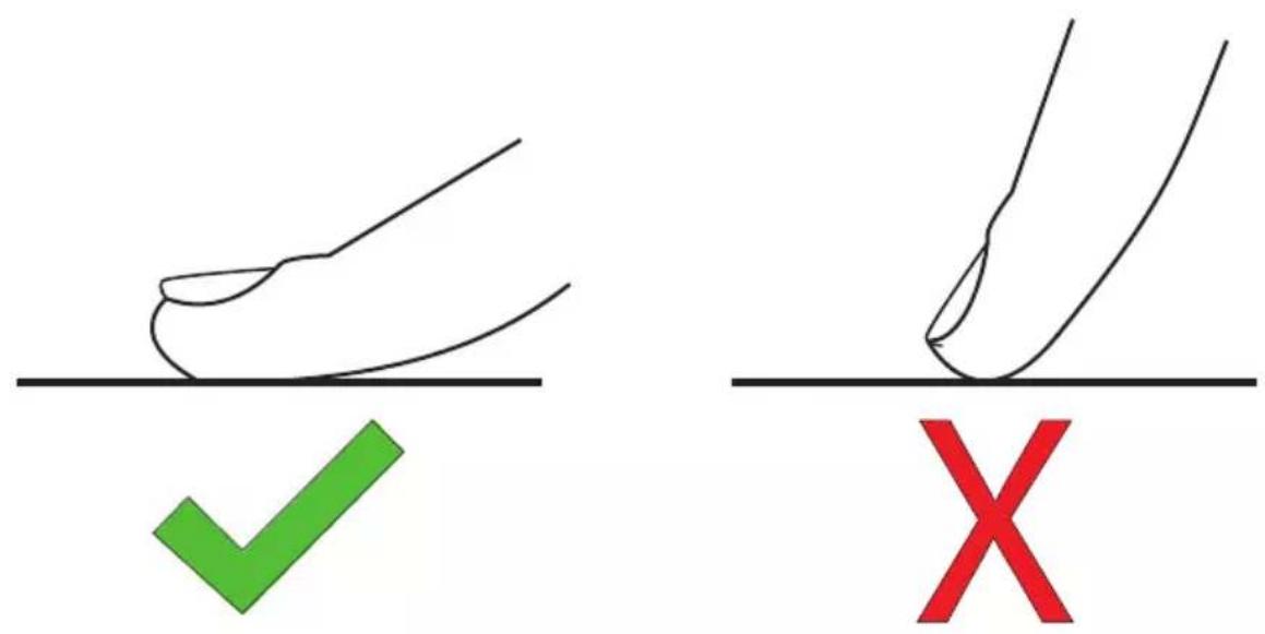 Diagram showing two hand positions with checkmark and X symbols, likely illustrating correct and incorrect movement.