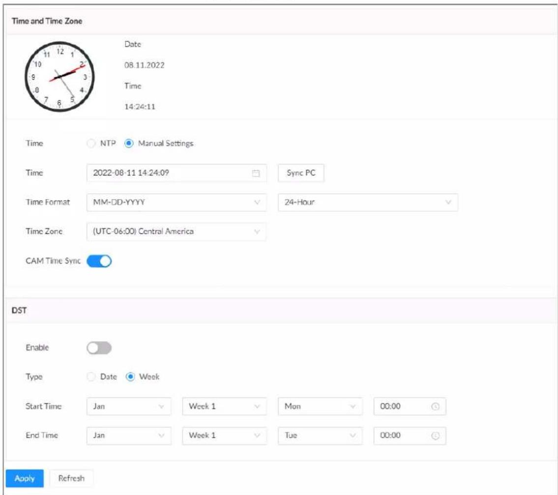 Time and Time Zone Date 08.11.2022 Time 14:24:11 Time NTP Manual Settings Time 2022-08-11 14:24:09 Sync PC Time Format MM-DD-YYYY 24-Hour Time Zone (UTC-06:00) Central America CAM Time Sync DST Enable Type Date Week Start Time Jan Week 1 Mon 00:00 End Time Jan Week 1 Tue 00:00 Apply Refresh