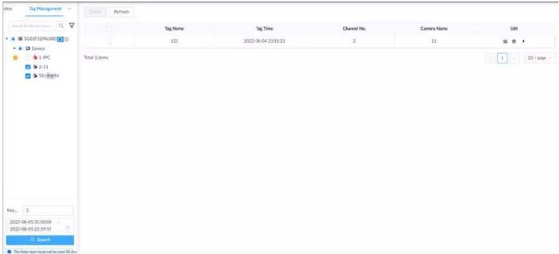 Tag Management Search the data source SGDF32PAJ000 Device 1-IPC 2-11 50-8494 Total 1 items Tag Name Tag Time Channel No. Camera Name Edit 121 2022-08-04 22:51:21 2 11 66 8 10 / page Search