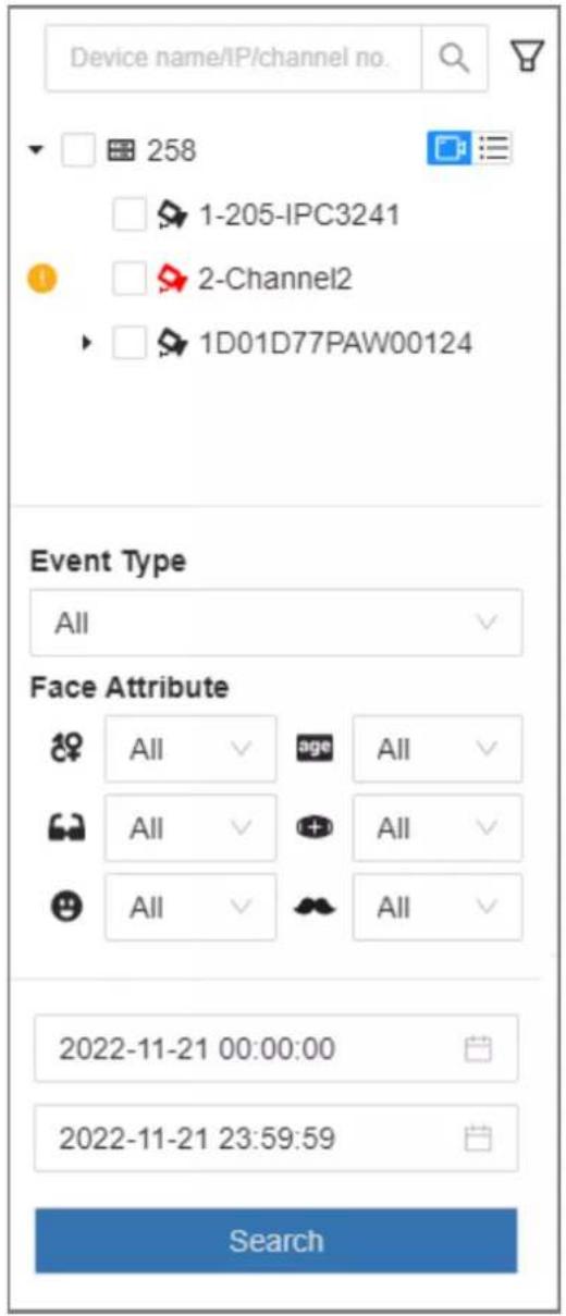 Device name/IP/channel no. 258 1-205-IPC3241 2-Channel2 1D01D77PAW00124 Event Type All Face Attribute All All All All 2022-11-21 00:00:00 2022-11-21 23:59:59 Search