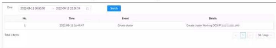 Date: 2022-08-11 00:00:00 - 2022-08-11 23:59:59 Search No. Time Event Details 1 2022 08-11 16:49:47 Create cluster Create cluster Working DCS IP-1 page Total 1 items 1 30 / page