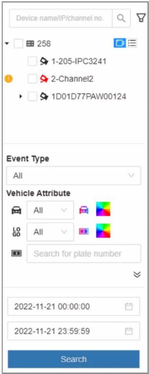 Device name/IP/channel no. 258 1-205-IPC3241 2-Channel2 1D01D77PAW00124 Event Type All Vehicle Attribute All LOGO All Search for plate number 2022-11-21 00:00:00 2022-11-21 23:59:59 Search