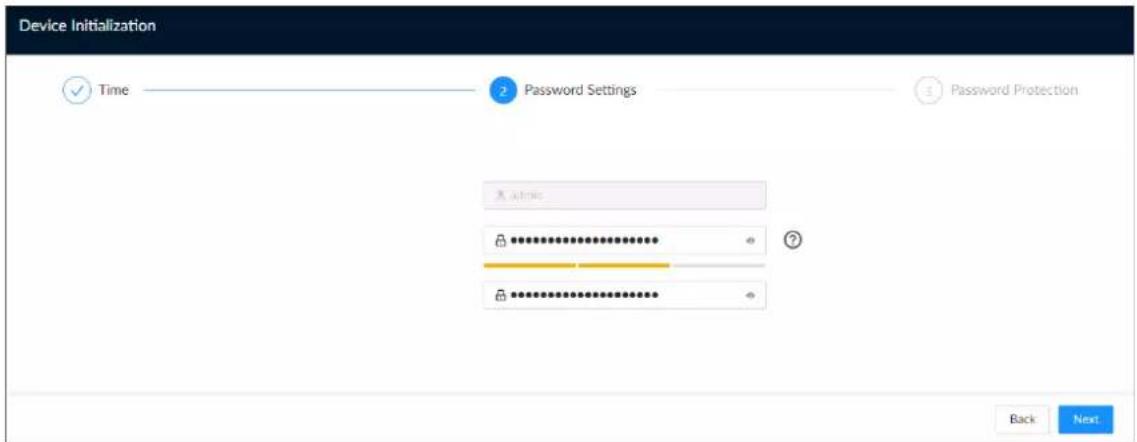 Device Initialization Time Password Settings Password Protection Access Back Next