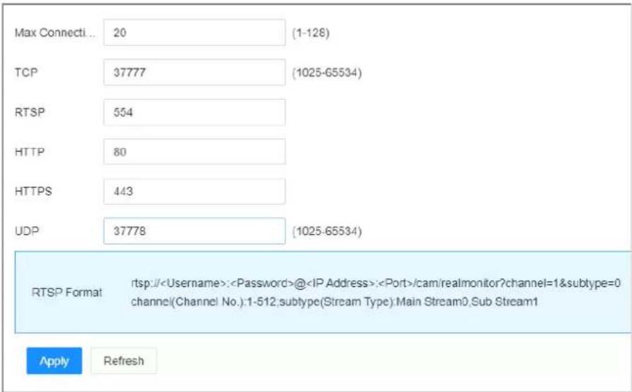 Max Connecti... 20 (1-128) TCP 37777 (1025-65534) RTSP 554 HTTP 80 HTTPS 443 UDP 37778 (1025-65534) RTSP Format rtsp://:@:/cam/realmonitor?channel=1&subtype=0 channel(Channel No.):1-512;subtype(Stream Type):Main Stream0,Sub Stream1 Apply Refresh