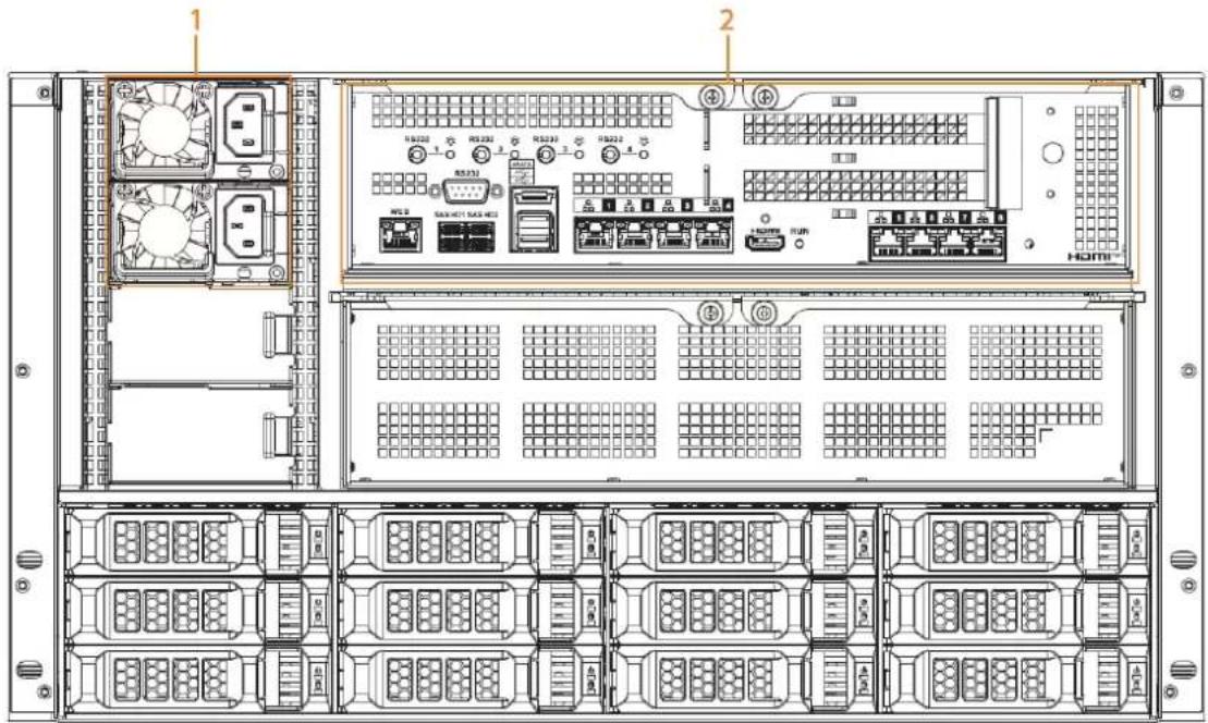 Technical diagram of a server rack with labeled components and internal layout