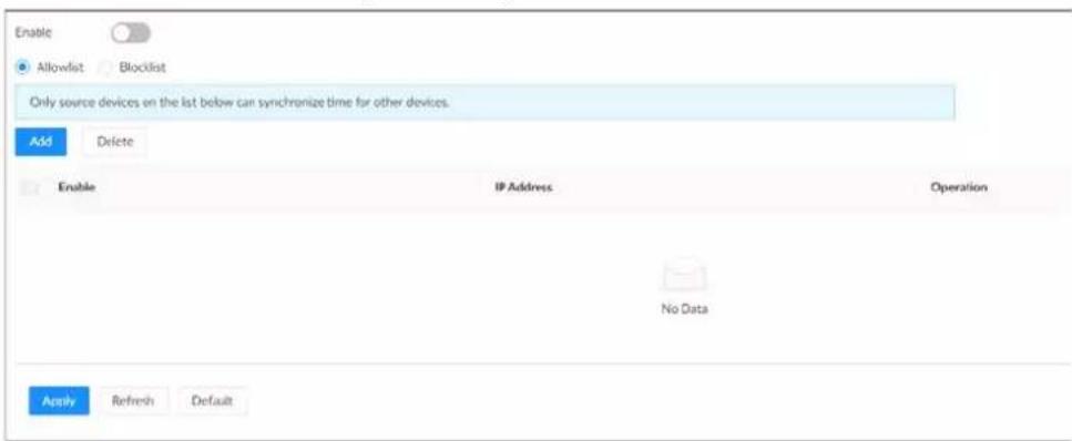 Enable Allowlist Blocklist Only source devices on the list below can synchronize time for other devices. Add Delete Enable IP Address Operation No Data Apply Refresh Default