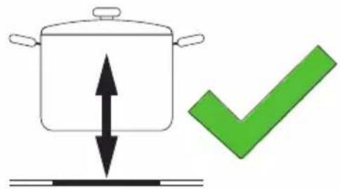Diagram showing a cooking pot with upward and downward arrows, alongside a green checkmark symbol.