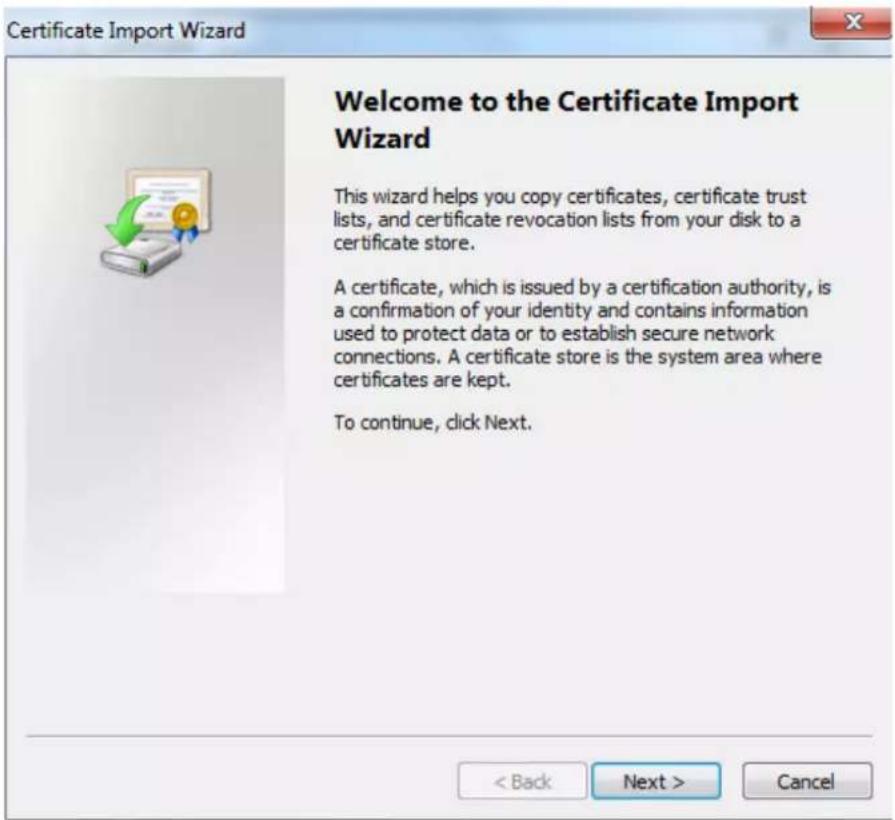 Certificate Import Wizard Welcome to the Certificate Import Wizard This wizard helps you copy certificates, certificate trust lists, and certificate revocation lists from your disk to a certificate store. A certificate, which is issued by a certification authority, is a confirmation of your identity and contains information used to protect data or to establish secure network connections. A certificate store is the system area where certificates are kept. To continue, click Next.