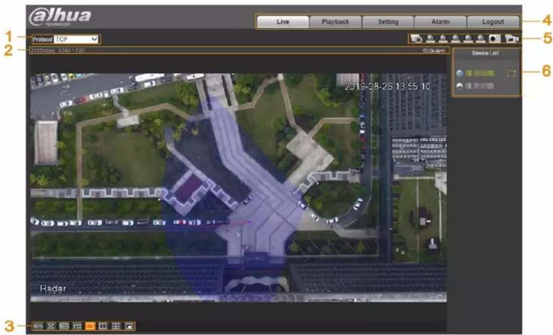 @Jhua TECHNOLOGY Live Playback Setting Alarm Logout 1 Protocol TCP 2 2100MHz 1260*720 Device List 2019-08-26 13:55 10 Radar 3