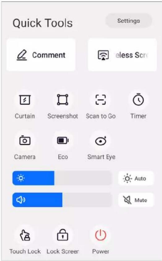 Quick Tools Settings Comment eless Scr Curtain Screenshot Scan to Go Timer Camera Eco Smart Eye Auto Mute Touch Lock Lock Screen Power