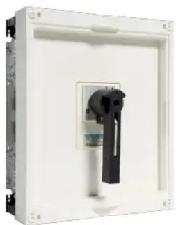 Exterior view of a white electrical enclosure with a black plastic component (no visible text or symbols)