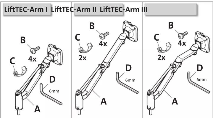 LiftTEC-Arm I LiftTEC-Arm II LiftTEC-Arm III B C 4x D 6mm A B C 4x 2x D 6mm A B C 4x 2x D 6mm A