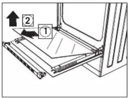 Diagram showing a mechanical assembly with labeled components and directional arrows indicating motion or force