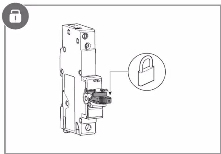 Technical diagram showing a lock mechanism with an open lock icon and a magnified view of the lock component.