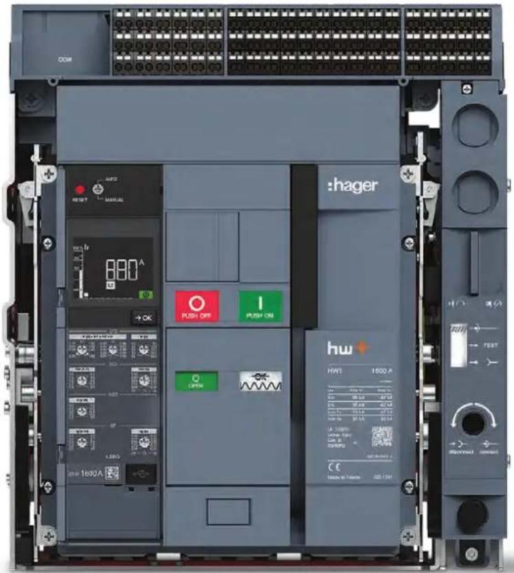 hager HW1 1000 A +/- + INT RESET MANUAL 880 A PUSH OFF 1 PUSH ON + OK + - LPG + - in= 1600A C E HUAU W. HAWU GQ 134