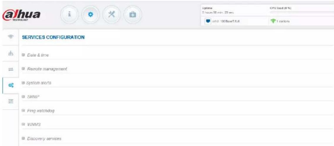 @Jhua TECHNOLOGY UPCME 5 hours 58 min: 29 sec CPU load (0 %) info: 100 BaseT full 1 station SERVICES CONFIGURATION Date & time Remote management System alerts SNMP Ping watchdog WNMS Discovery services
