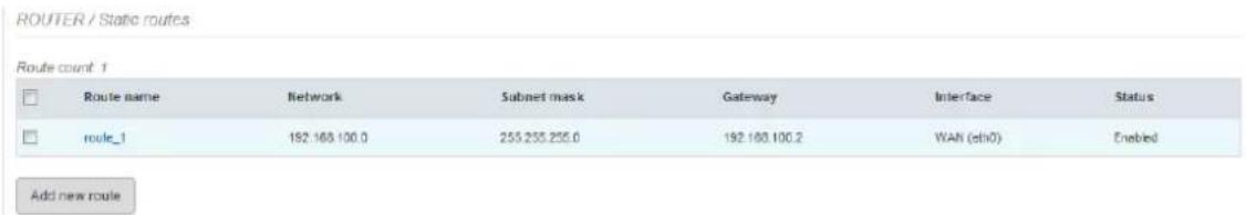 ROUTER / Static routes Route count: 1 Route name Network Subnet mask Gateway Interface Status route_1 192.168.100.0 255.255.255.0 192.168.100.2 WAN (dsh0) Enabled Add new route