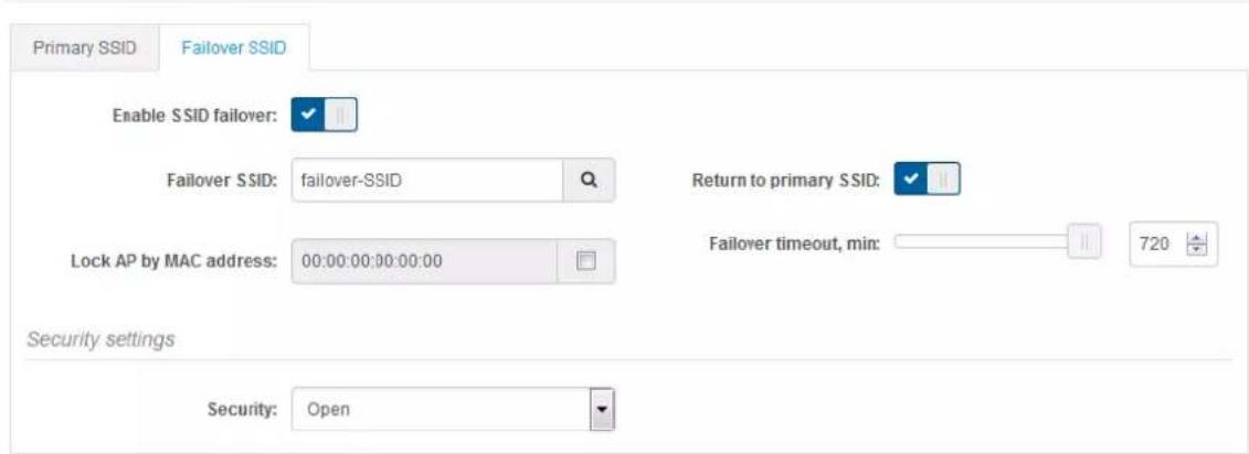 Primary SSID Failover SSID Enable SSID failover: Failover SSID: failover-SSID Lock AP by MAC address: 00:00:00:00:00:00 Security settings Security: Open Return to primary SSID: Failover timeout, min: 720