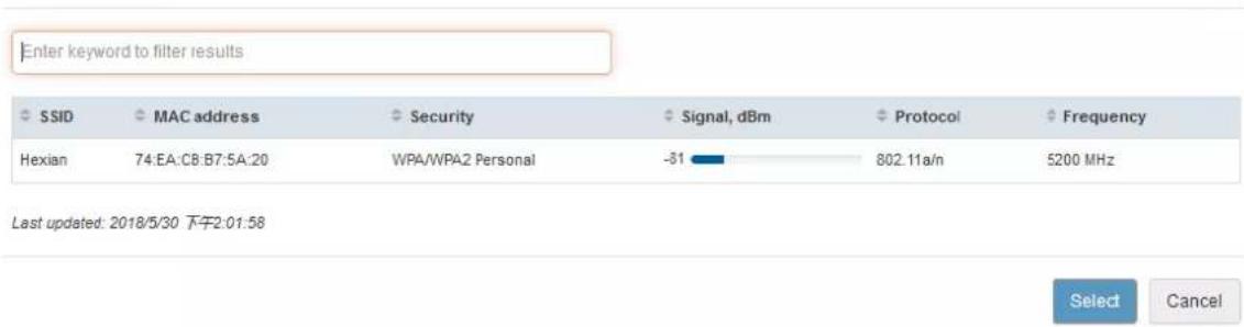 Enter keyword to filter results SSID MAC address Security Signal, dBm Protocol Frequency Hexian 74:EA:CB:B7:5A:20 WPA/WPA2 Personal -31 802.11a/n 5200 MHz Last updated: 2018/5/30 下午2:01:58 Select Cancel