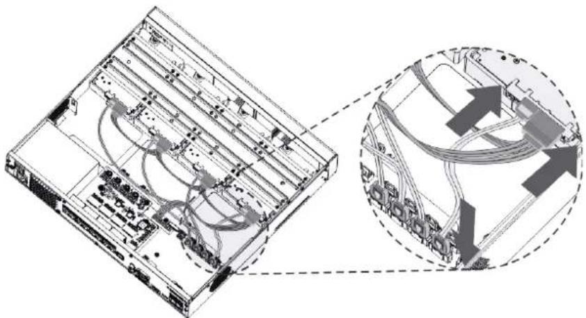 Technical diagram of a server rack with internal wiring and connection points, shown in two views (dashed and solid) without any text or symbols.