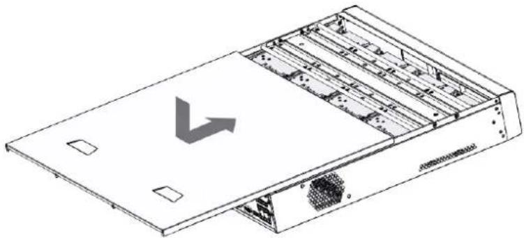 Technical line drawing of a server rack with ventilation ducts and mounting holes (no text or symbols)
